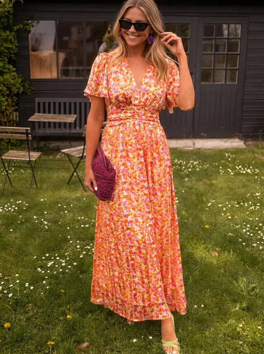 Lisa | Robe longue à manches courtes pour femme à imprimé floral