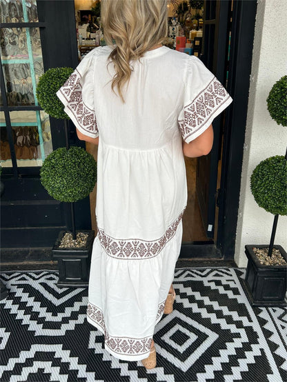 Robe Midi Bohème Femme en Coton – Col V Détails Brodés