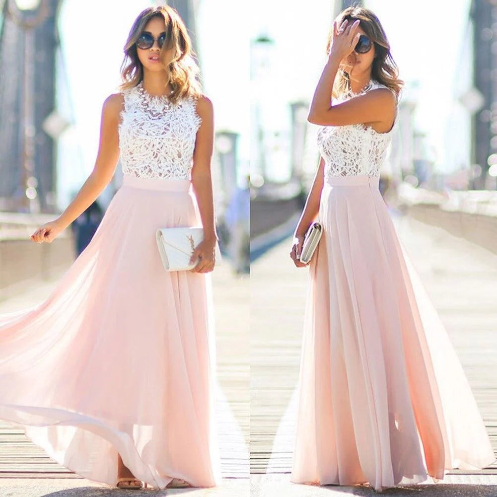 Robe Longue Femme en Dentelle et Mesh – Taille Cintrée et Coupe Élégante