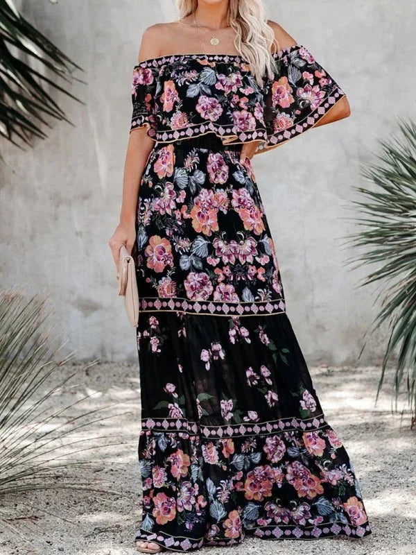 Robe Longue Fleurie Femme Épaules Dénudées – Silhouette Volantée Fluide