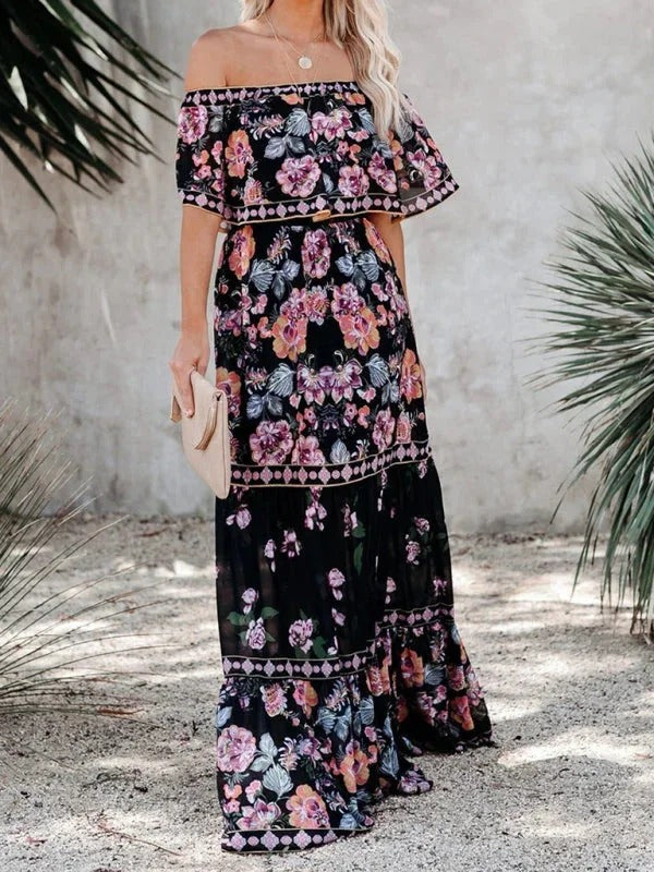 Robe Longue Fleurie Femme Épaules Dénudées – Silhouette Volantée Fluide