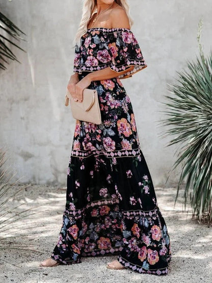 Robe Longue Fleurie Femme Épaules Dénudées – Silhouette Volantée Fluide