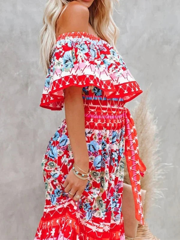 Robe Longue Fleurie Femme Épaules Dénudées – Silhouette Volantée Fluide