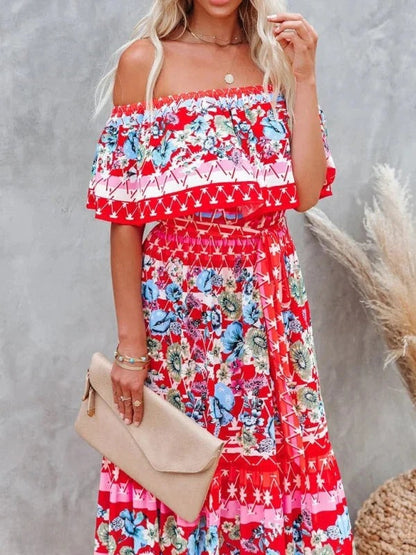 Robe Longue Fleurie Femme Épaules Dénudées – Silhouette Volantée Fluide