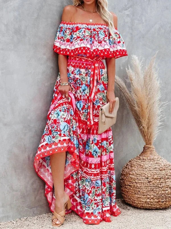 Robe Longue Fleurie Femme Épaules Dénudées – Silhouette Volantée Fluide