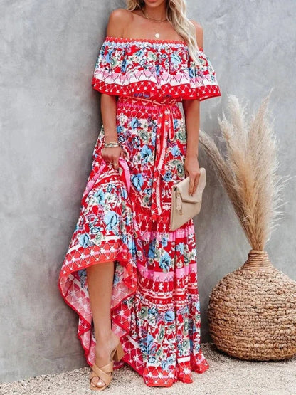 Robe Longue Fleurie Femme Épaules Dénudées – Silhouette Volantée Fluide