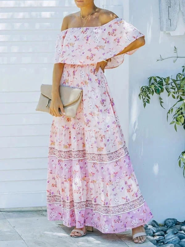 Robe Longue Fleurie Femme Épaules Dénudées – Silhouette Volantée Fluide