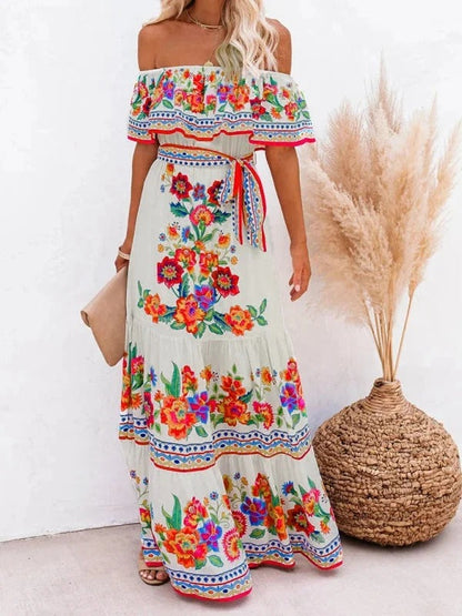 Robe Longue Fleurie Femme Épaules Dénudées – Silhouette Volantée Fluide