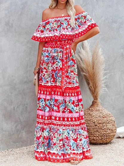 Robe Longue Fleurie Femme Épaules Dénudées – Silhouette Volantée Fluide
