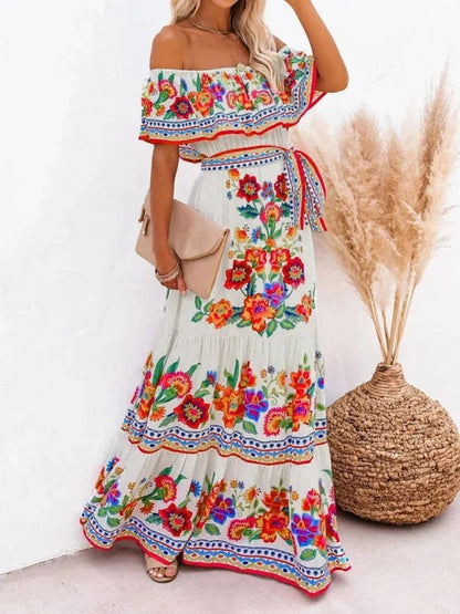 Robe Longue Fleurie Femme Épaules Dénudées – Silhouette Volantée Fluide