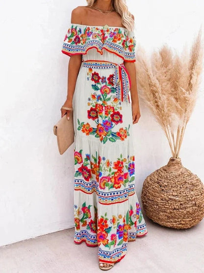 Robe Longue Fleurie Femme Épaules Dénudées – Silhouette Volantée Fluide