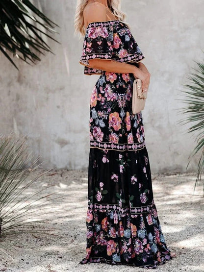 Robe Longue Fleurie Femme Épaules Dénudées – Silhouette Volantée Fluide