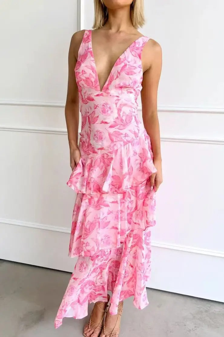 Maria | Robe longue florale élégante pour femme avec design à volants