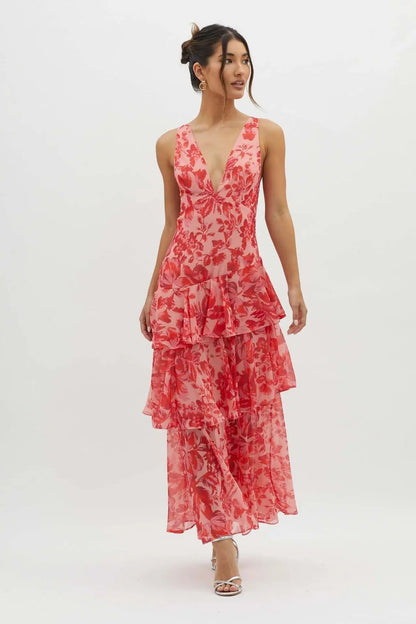 Maria | Robe longue florale élégante pour femme avec design à volants