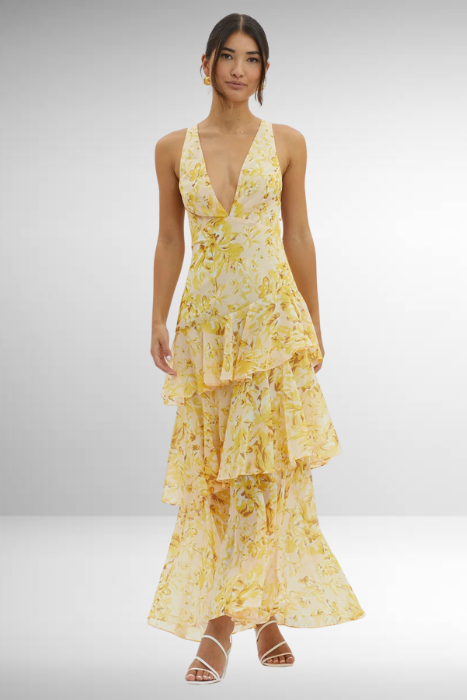 Maria | Robe longue florale élégante pour femme avec design à volants