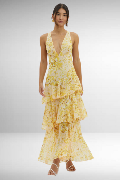 Maria | Robe longue florale élégante pour femme avec design à volants