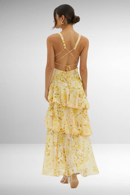 Maria | Robe longue florale élégante pour femme avec design à volants