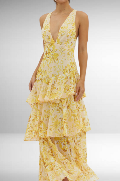 Maria | Robe longue florale élégante pour femme avec design à volants