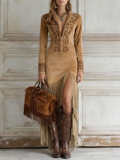Maria | Robe longue à franges en daim pour femme, été