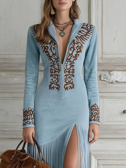 Maria | Robe longue à franges en daim pour femme, été