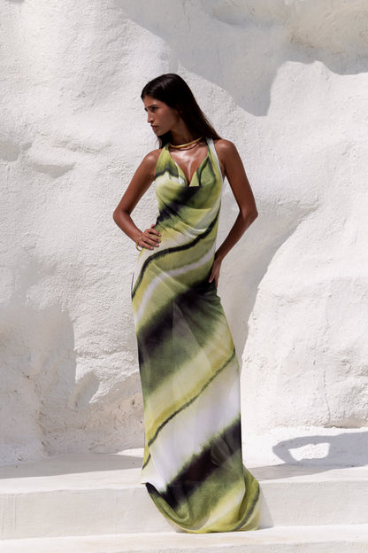 Robe Longue Femme – Décolleté Cascade & Dos Nu Halter