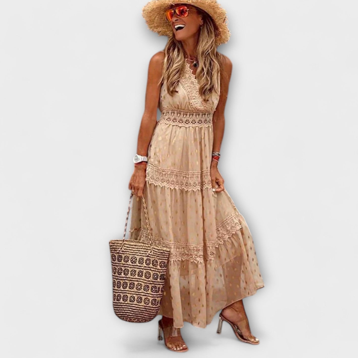 Robe Longue Femme Bohème – Col V en Dentelle & Jupe Étagée