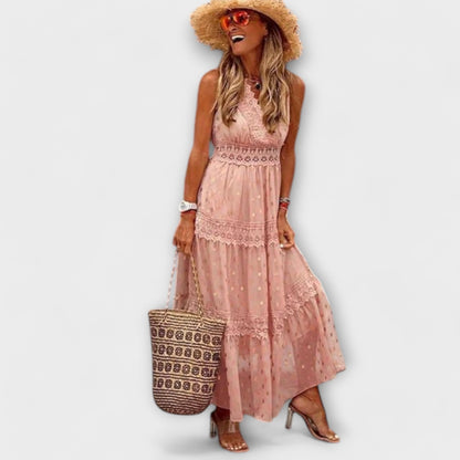 Robe Longue Femme Bohème – Col V en Dentelle & Jupe Étagée