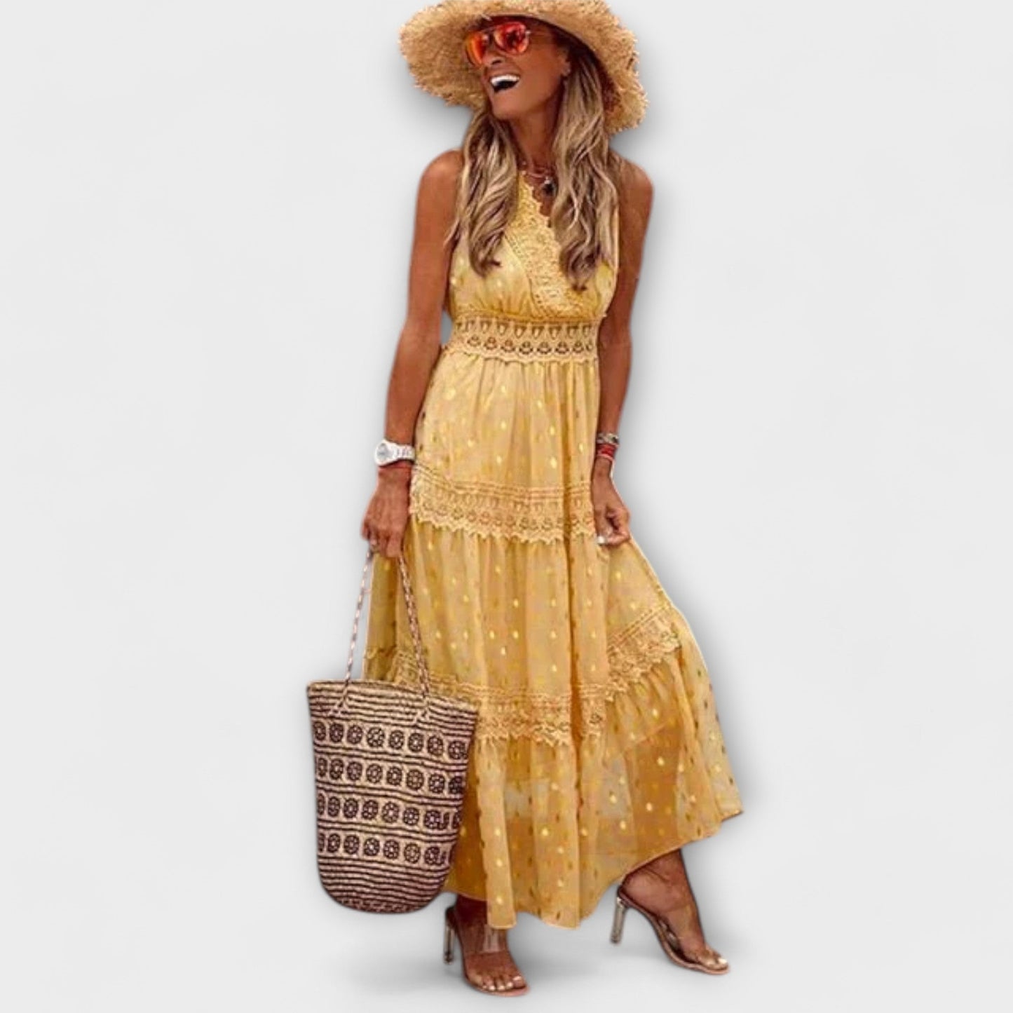 Robe Longue Femme Bohème – Col V en Dentelle & Jupe Étagée