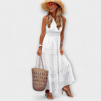 Robe Longue Femme Bohème – Col V en Dentelle & Jupe Étagée