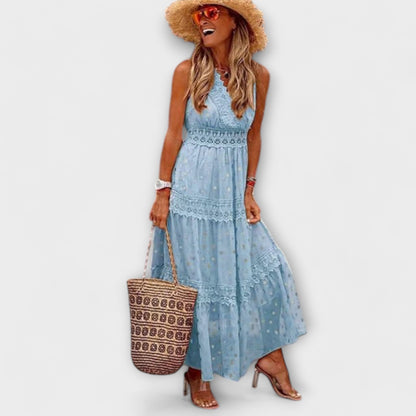 Robe Longue Femme Bohème – Col V en Dentelle & Jupe Étagée