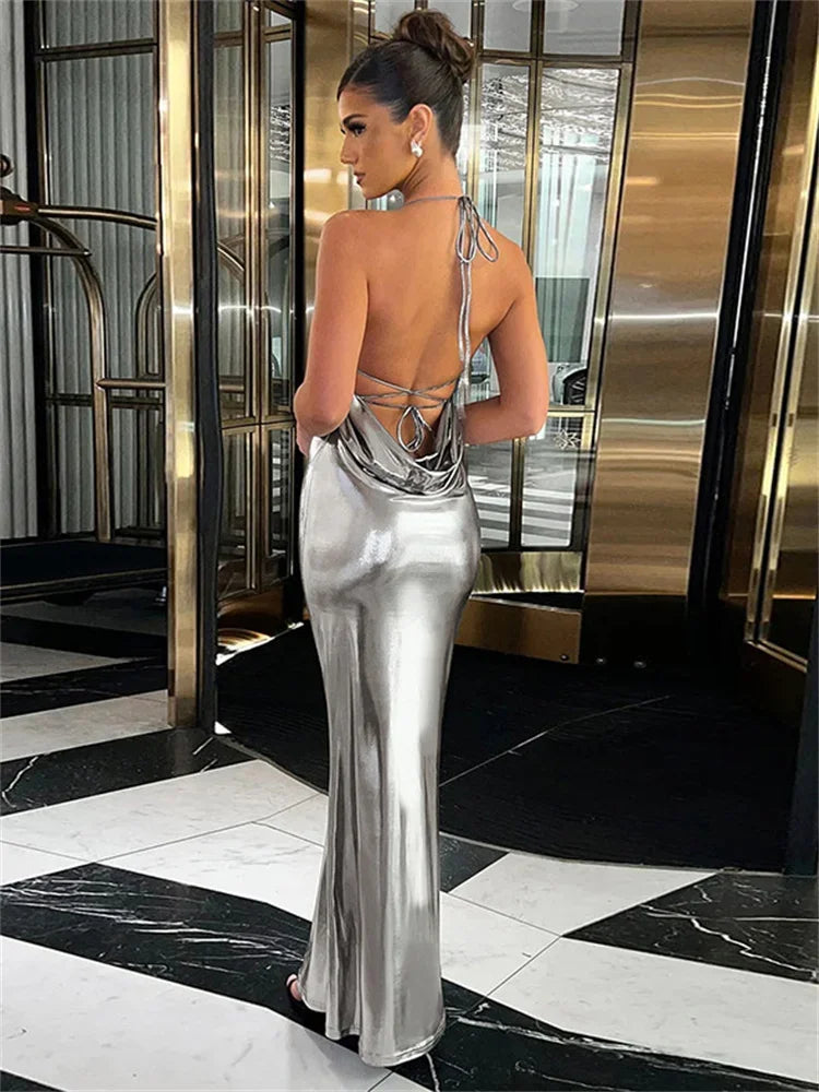 Robe Longue Femme Effet Métallisé – Dos Nu Élégant