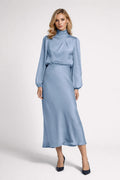 Robe Midi Femme Satinée – Col Montant Manches Longues Élégante