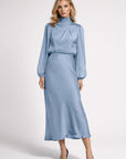 Robe Midi Femme Satinée – Col Montant Manches Longues Élégante