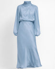 Robe Midi Femme Satinée – Col Montant Manches Longues Élégante