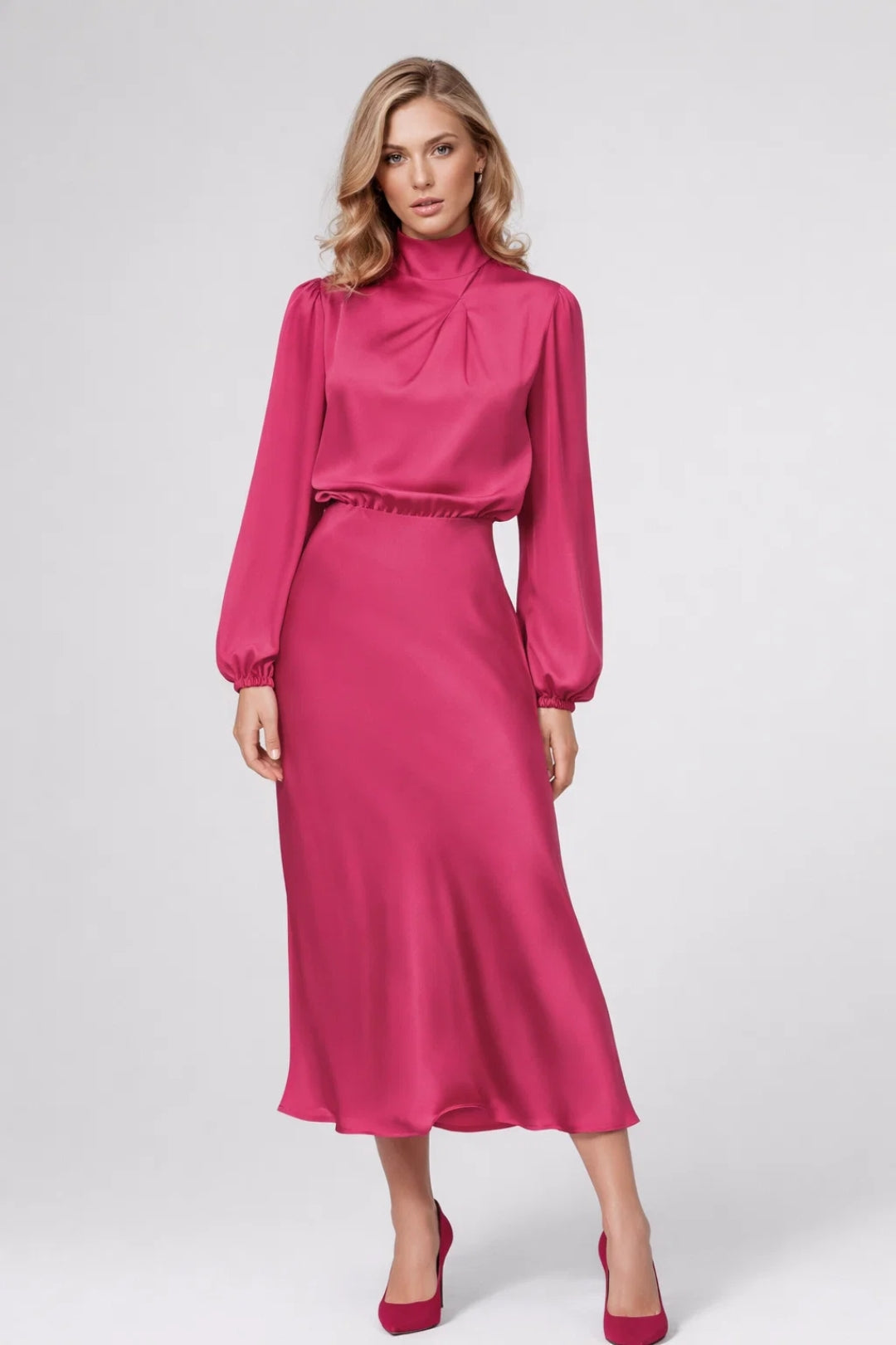Robe Midi Femme Satinée – Col Montant Manches Longues Élégante