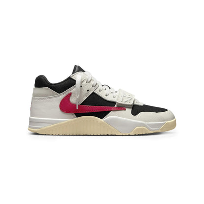 Jordan Jumpman Jack Travis Scott University Red baskets homme et femme en daim rouge bleu, vue de profil