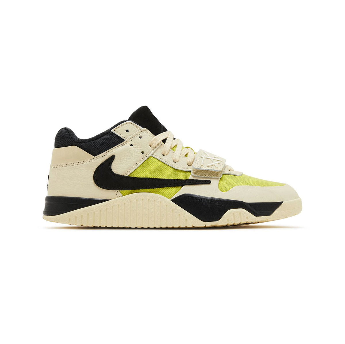 Jordan Jumpman Jack Travis Scott Bright Cactus baskets homme et femme en daim vert, vue de profil