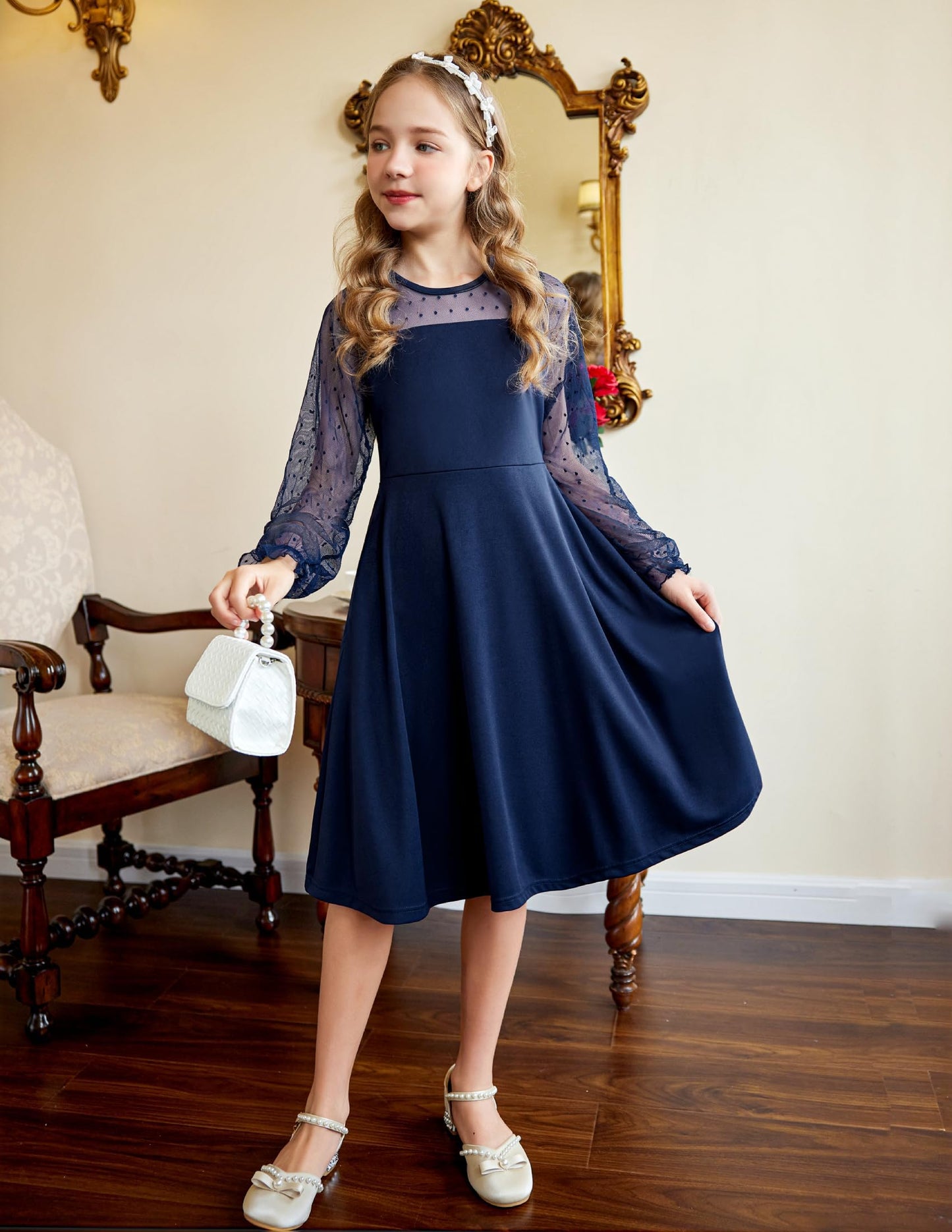Robe Midi Femme en tissu léger, manches longues, coupe fluide – Menvelo