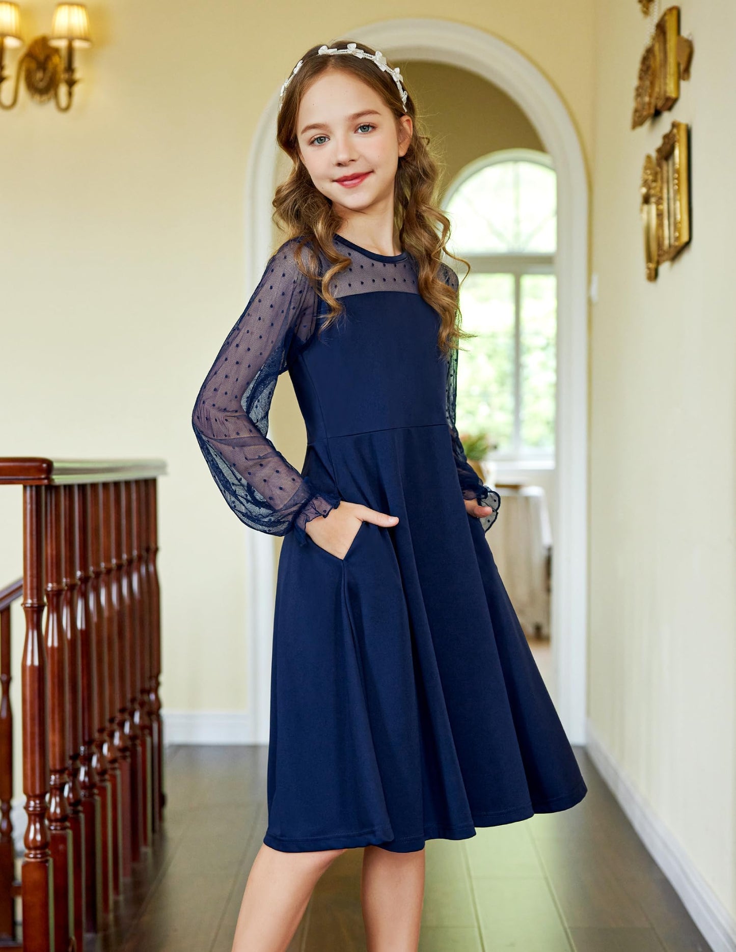 Robe Midi Femme en tissu léger, manches longues, coupe fluide – Menvelo