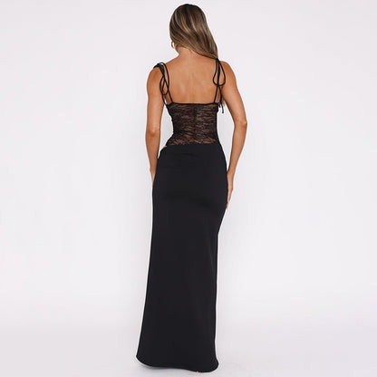 Robe Maxi à Empiècements en Dentelle Femme – Sans Manches Coupe Ajustée Évasée