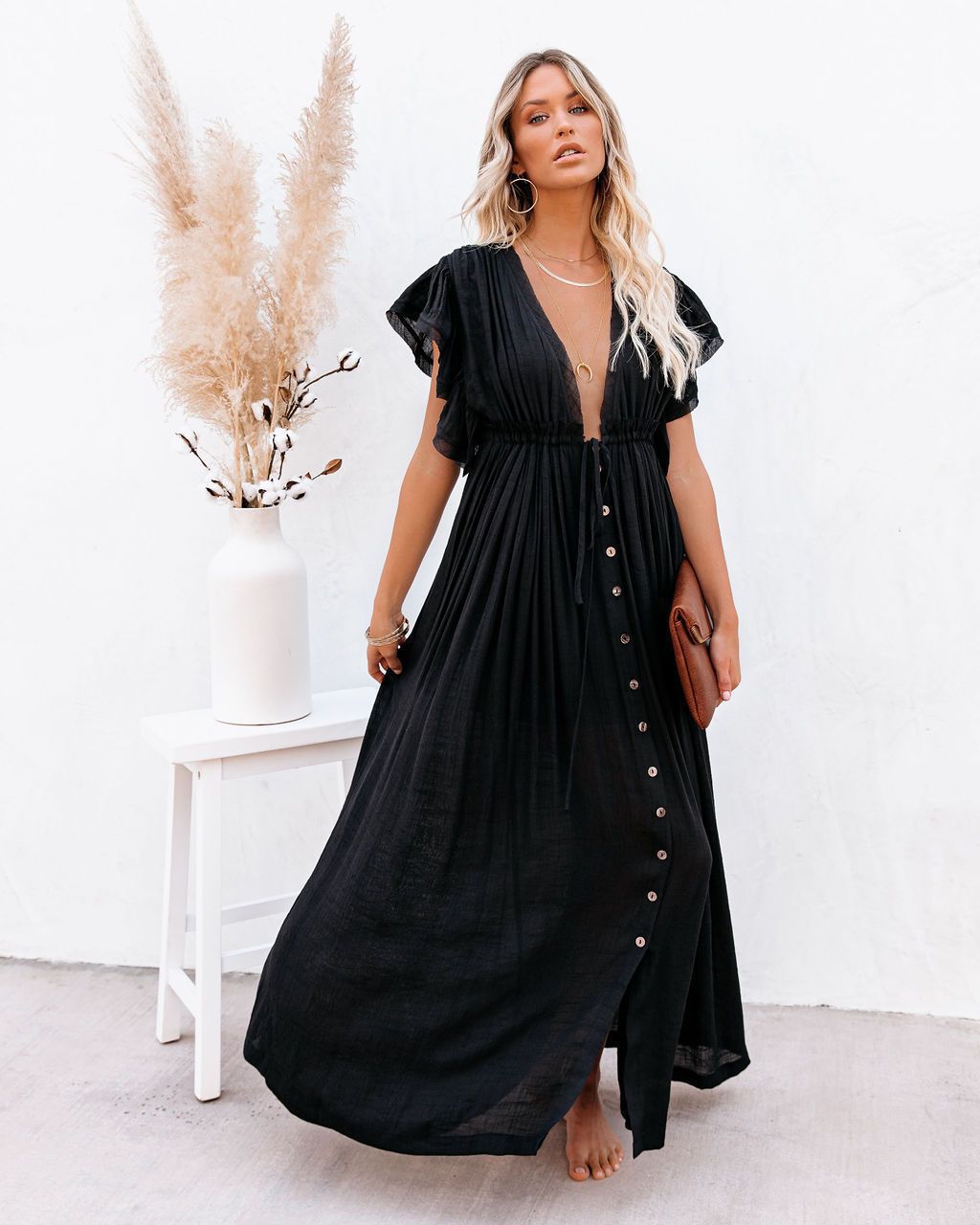 Robe Maxi Bohème Femme en Tissu Léger – Style Boutonné à Taille Coulissante