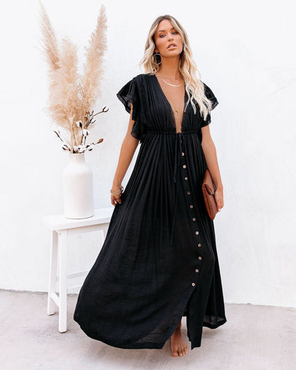 Robe Maxi Bohème Femme en Tissu Léger – Style Boutonné à Taille Coulissante