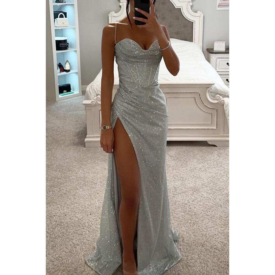 Robe Longue Femme Scintillante – Bustier Sculpté et Fente Haute
