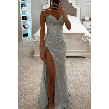 Robe Longue Femme Scintillante – Bustier Sculpté et Fente Haute