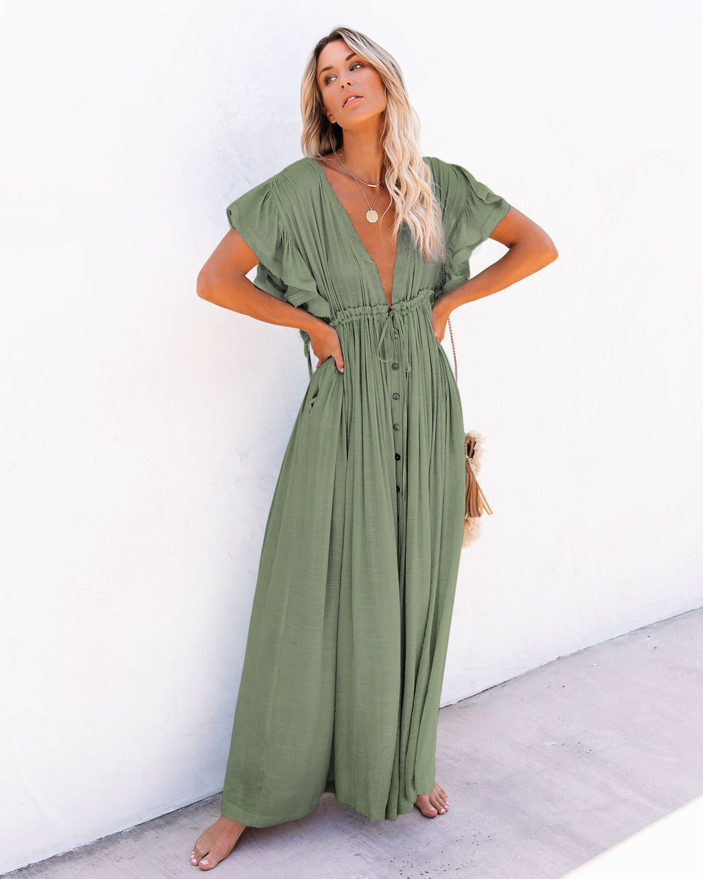 Robe Maxi Bohème Femme en Tissu Léger – Style Boutonné à Taille Coulissante