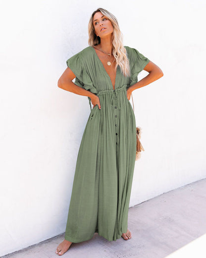 Robe Maxi Bohème Femme en Tissu Léger – Style Boutonné à Taille Coulissante