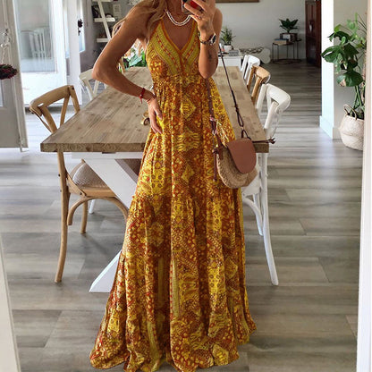 Robe Maxi Bohème Femme en Tissu Léger – Silhouette Fluide Taille Haute à Col V