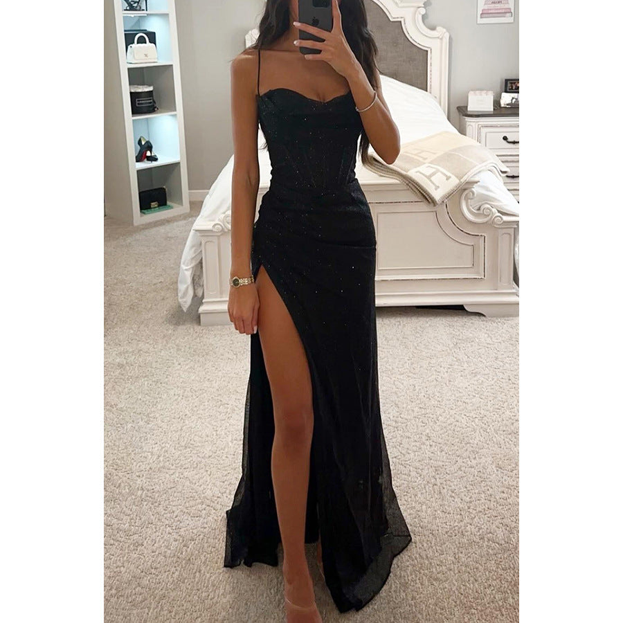 Robe Longue Femme Scintillante – Bustier Sculpté et Fente Haute