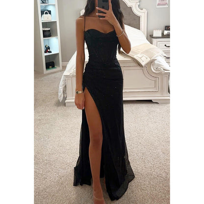 Robe Longue Femme Scintillante – Bustier Sculpté et Fente Haute