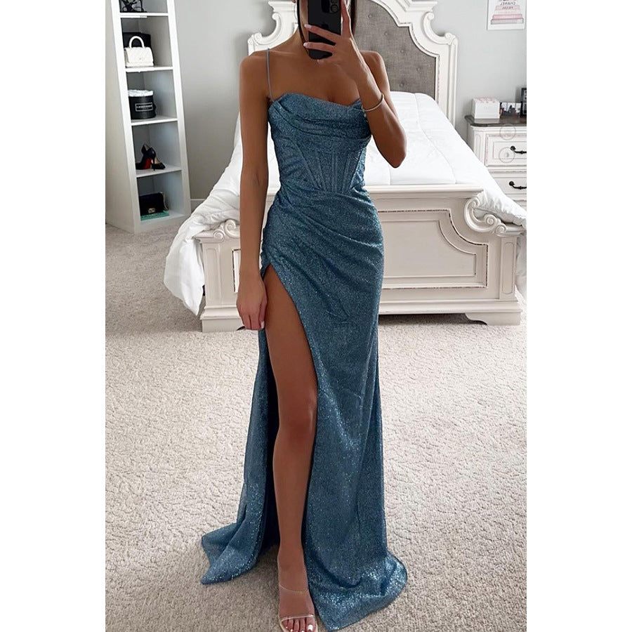 Robe Longue Femme Scintillante – Bustier Sculpté et Fente Haute